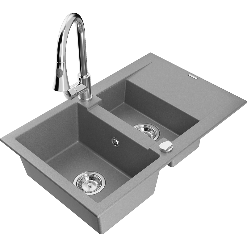 Mexen Gaspar granitový dřez 1,5-komorový s odkapávačem a kuchyňskou baterií Elia, šedý - 6507-71-670101-00