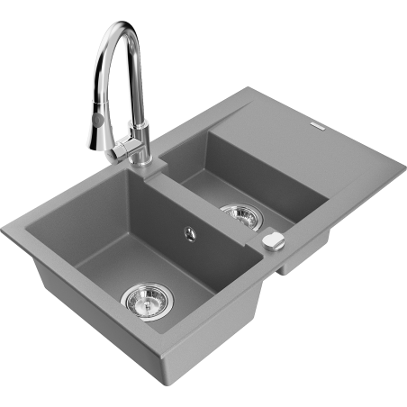 Mexen Gaspar granitový dřez 1,5-komorový s odkapávačem a kuchyňskou baterií Elia, šedý - 6507-71-670101-00