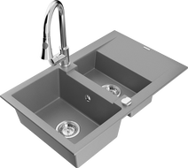 Mexen Gaspar granitový dřez 1,5-komorový s odkapávačem a kuchyňskou baterií Elia, šedý - 6507-71-670101-00
