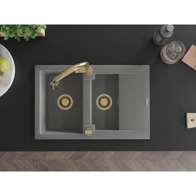Mexen Gaspar žulový dřez 1,5-komorový s odkapávačem a kuchyňskou baterií Elia, šedý - 6507-71-670101-50