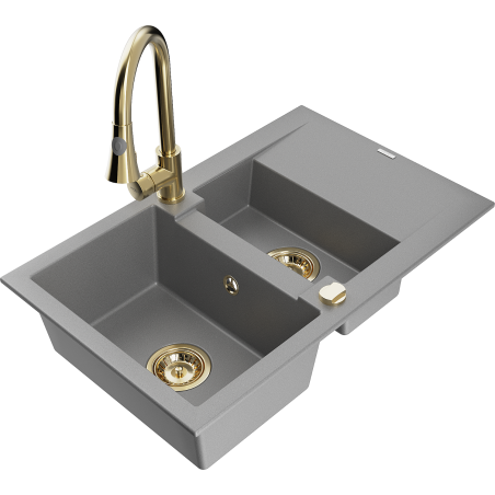 Mexen Gaspar žulový dřez 1,5-komorový s odkapávačem a kuchyňskou baterií Elia, šedý - 6507-71-670101-50