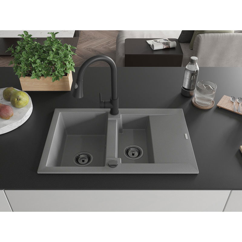 Mexen Gaspar granitový dřez 1,5-komorový s odkapávačem a kuchyňskou baterií Elia, šedý - 6507-71-670101-70-B