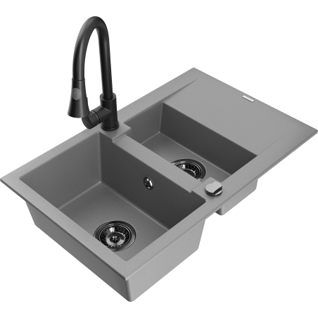Mexen Gaspar granitový dřez 1,5-komorový s odkapávačem a kuchyňskou baterií Elia, šedý - 6507-71-670101-70-B