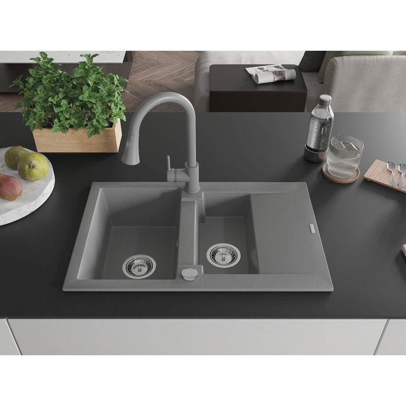 Mexen Gaspar granitový dřez 1,5-komorový s odkapávačem a kuchyňskou baterií Elia, šedý - 6507-71-670101-71