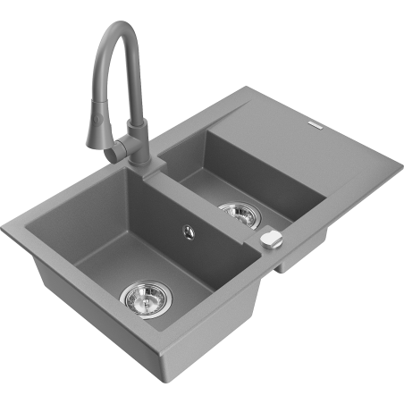 Mexen Gaspar granitový dřez 1,5-komorový s odkapávačem a kuchyňskou baterií Elia, šedý - 6507-71-670101-71