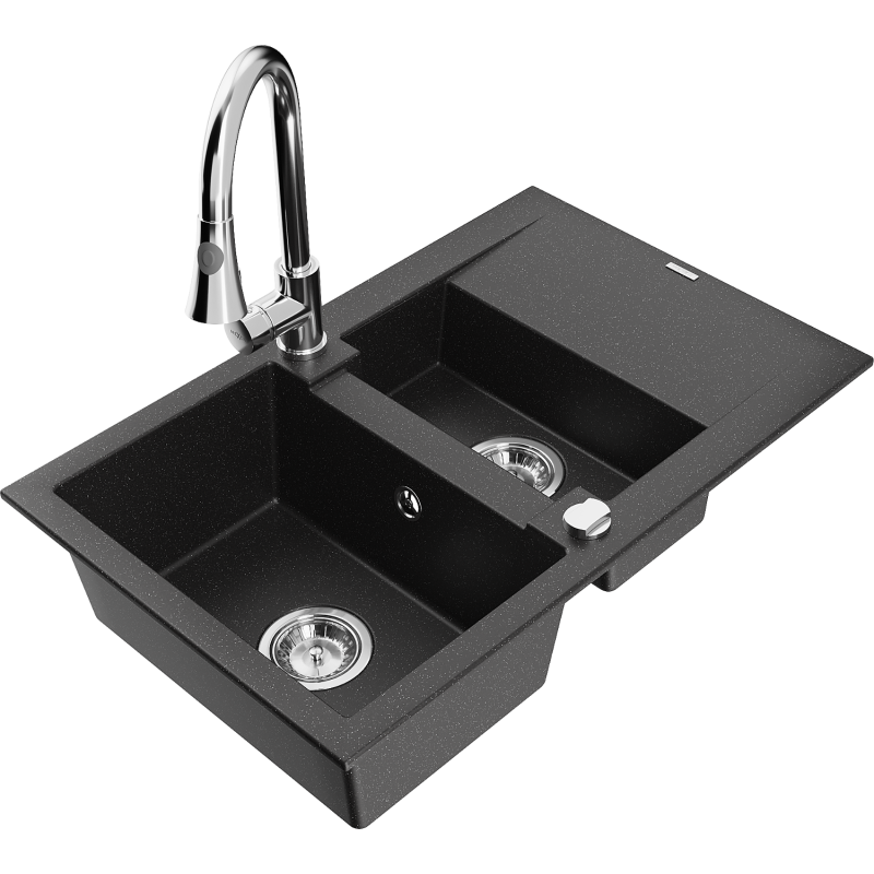 Mexen Gaspar granitový dřez 1,5-komorový s odkapávačem a kuchyňskou baterií Elia, černý/stříbrný metalik - 6507-73-670101-00