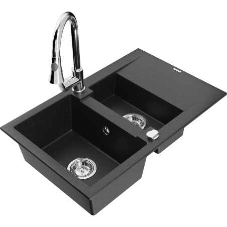 Mexen Gaspar granitový dřez 1,5-komorový s odkapávačem a kuchyňskou baterií Elia, černý/stříbrný metalik - 6507-73-670101-00
