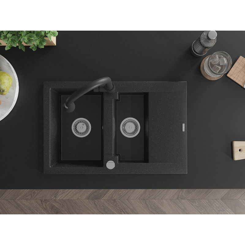 Mexen Gaspar granitový dřez 1,5 komorový s odkapávačem a kuchyňskou baterií Elia, černý/stříbrný metalik - 6507-73-670101-70