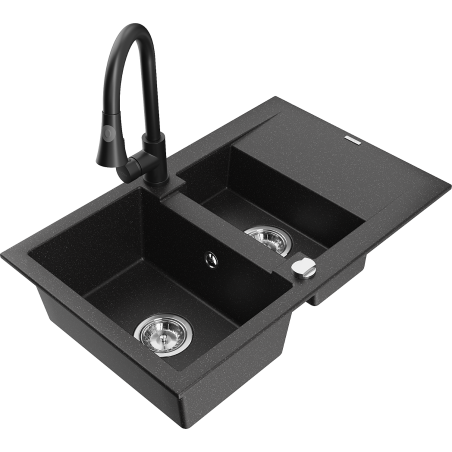 Mexen Gaspar granitový dřez 1,5 komorový s odkapávačem a kuchyňskou baterií Elia, černý/stříbrný metalik - 6507-73-670101-70