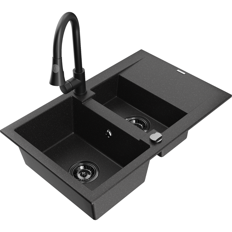 Mexen Gaspar granitový dřez 1,5-komorový s odkapávačem a kuchyňskou baterií Elia, černý/stříbrný - 6507-73-670101-70-B