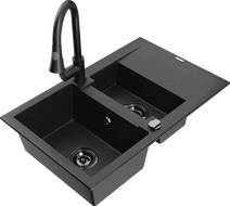 Mexen Gaspar granitový dřez 1,5-komorový s odkapávačem a kuchyňskou baterií Elia, černý/stříbrný - 6507-73-670101-70-B