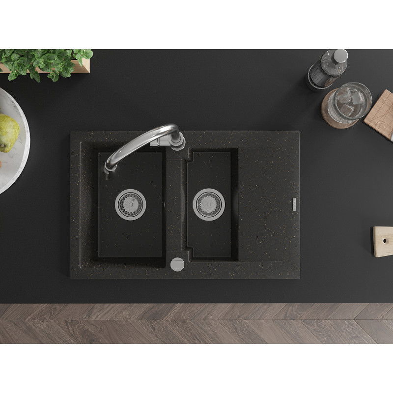 Mexen Gaspar granitový dřez 1,5-komorový s odkapávačem a kuchyňskou baterií Elia, černá/zlatý metalický - 6507-75-670101-00
