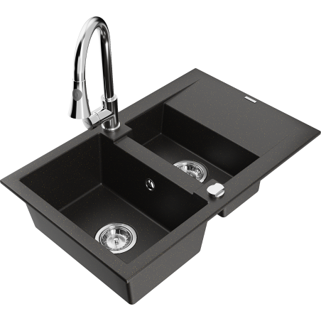 Mexen Gaspar granitový dřez 1,5-komorový s odkapávačem a kuchyňskou baterií Elia, černá/zlatý metalický - 6507-75-670101-00