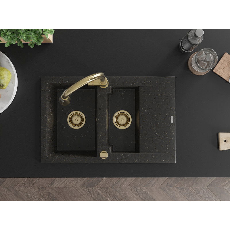 Mexen Gaspar granitový dřez 1,5-komorový s odkapávačem a kuchyňskou baterií Elia, černý/zlatý metalik - 6507-75-670101-50
