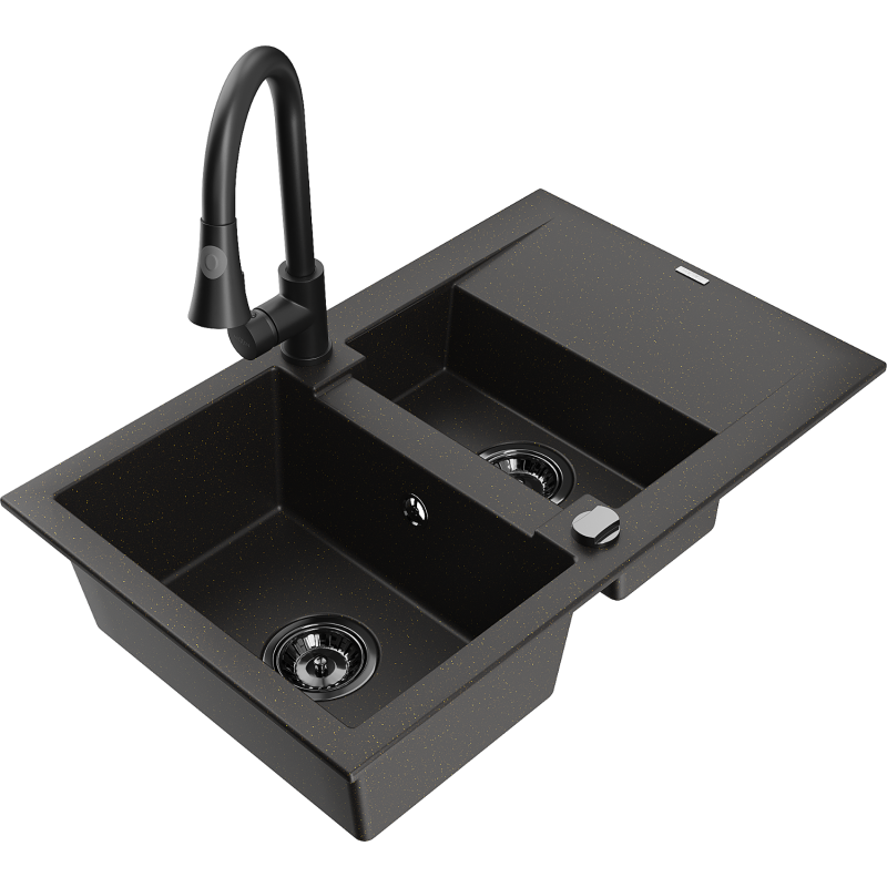 Mexen Gaspar žulový dřez 1,5-komorový s odkapávačem a kuchyňskou baterií Elia, černý/zlatý metalický - 6507-75-670101-70-B