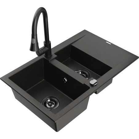 Mexen Gaspar žulový dřez 1,5-komorový s odkapávačem a kuchyňskou baterií Elia, černý/zlatý metalický - 6507-75-670101-70-B