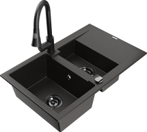 Mexen Gaspar žulový dřez 1,5-komorový s odkapávačem a kuchyňskou baterií Elia, černý/zlatý metalický - 6507-75-670101-70-B