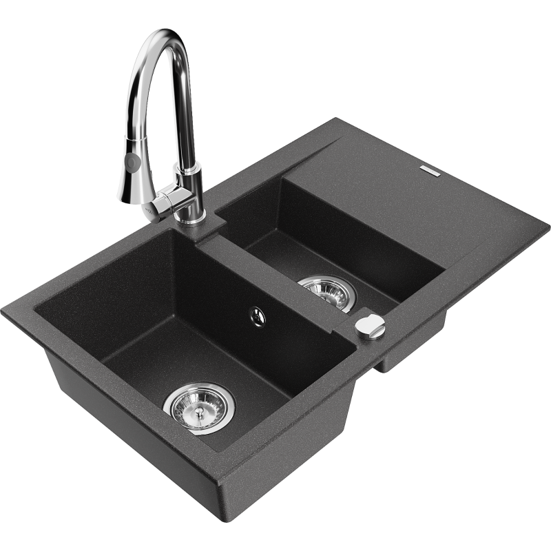 Mexen Gaspar granitový dřez 1,5komorový s odkapávačem a kuchyňskou baterií Elia, černý tečkovaný - 6507-76-670101-00