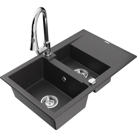Mexen Gaspar granitový dřez 1,5komorový s odkapávačem a kuchyňskou baterií Elia, černý tečkovaný - 6507-76-670101-00