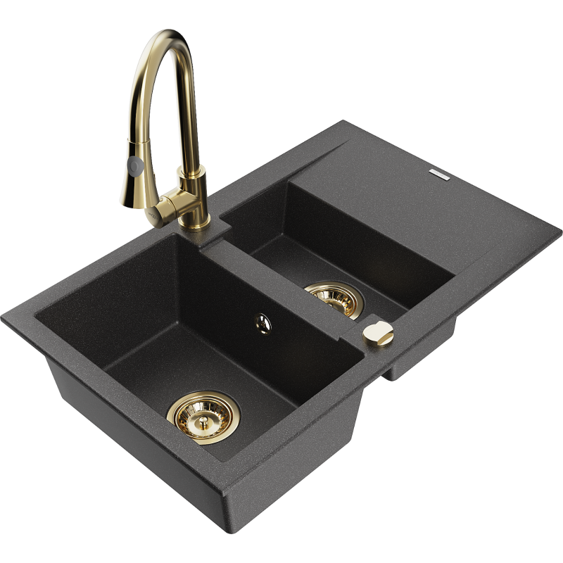Mexen Gaspar granitový dřez 1,5-komorový s odkapávačem a kuchyňská baterie Elia, černý s tečkami - 6507-76-670101-50