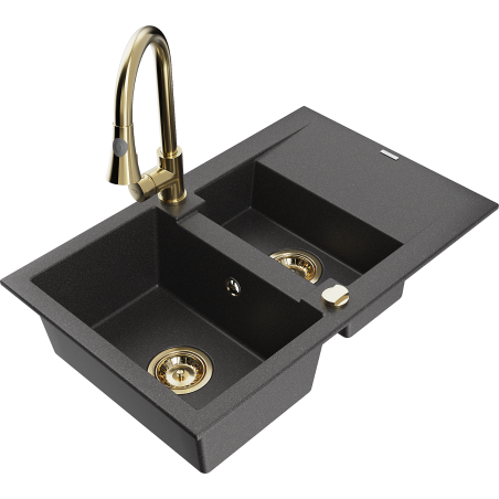 Mexen Gaspar granitový dřez 1,5-komorový s odkapávačem a kuchyňská baterie Elia, černý s tečkami - 6507-76-670101-50