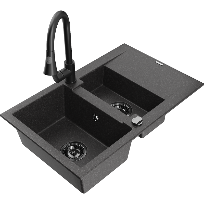 Mexen Gaspar granitový dřez 1,5-komorový s odkapávačem a kuchyňská baterie Elia, černý skvrnitý - 6507-76-670101-70-B