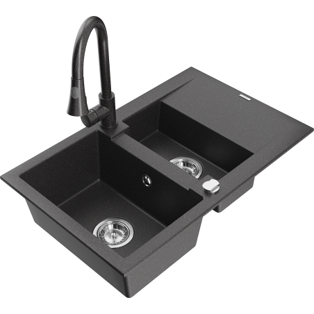 Mexen Gaspar granitový dřez 1,5-komorový s odkapávačem a kuchyňskou baterií Elia, černý skvrnitý - 6507-76-670101-76