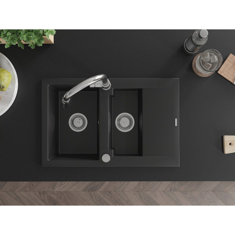 Mexen Gaspar granitový dřez 1,5-komorový s odkapávačem a kuchyňskou baterií Elia, černý - 6507-77-670101-00