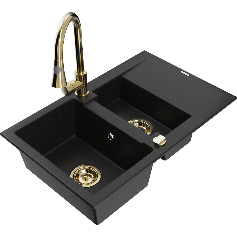 Mexen Gaspar granitový dřez 1,5-komorový s odkapávačem a kuchyňskou baterií Elia, černý - 6507-77-670101-50