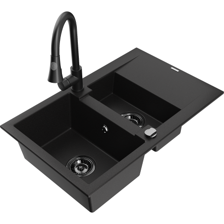 Mexen Gaspar granitový dřez 1,5-komorový s odkapávačem a kuchyňskou baterií Elia, černý - 6507-77-670101-70-B