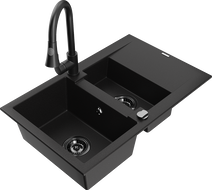 Mexen Gaspar granitový dřez 1,5-komorový s odkapávačem a kuchyňskou baterií Elia, černý - 6507-77-670101-70-B