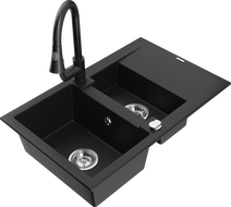 Mexen Gaspar granitový dřez 1,5-komorový s odkapávačem a kuchyňskou baterií Elia, černý - 6507-77-670101-70