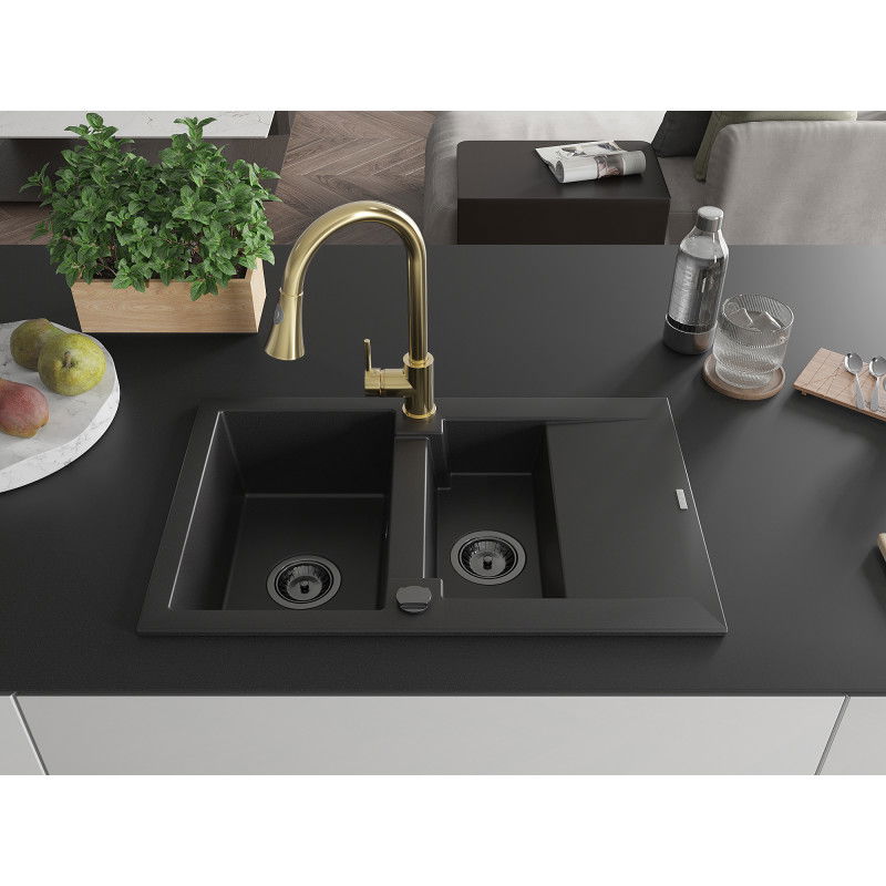 Mexen Gaspar kuchyňský dřez z granitu 1,5-komorový s odkapávačem a kuchyňskou baterií Elia, černý - 6507-77-670101-50-B