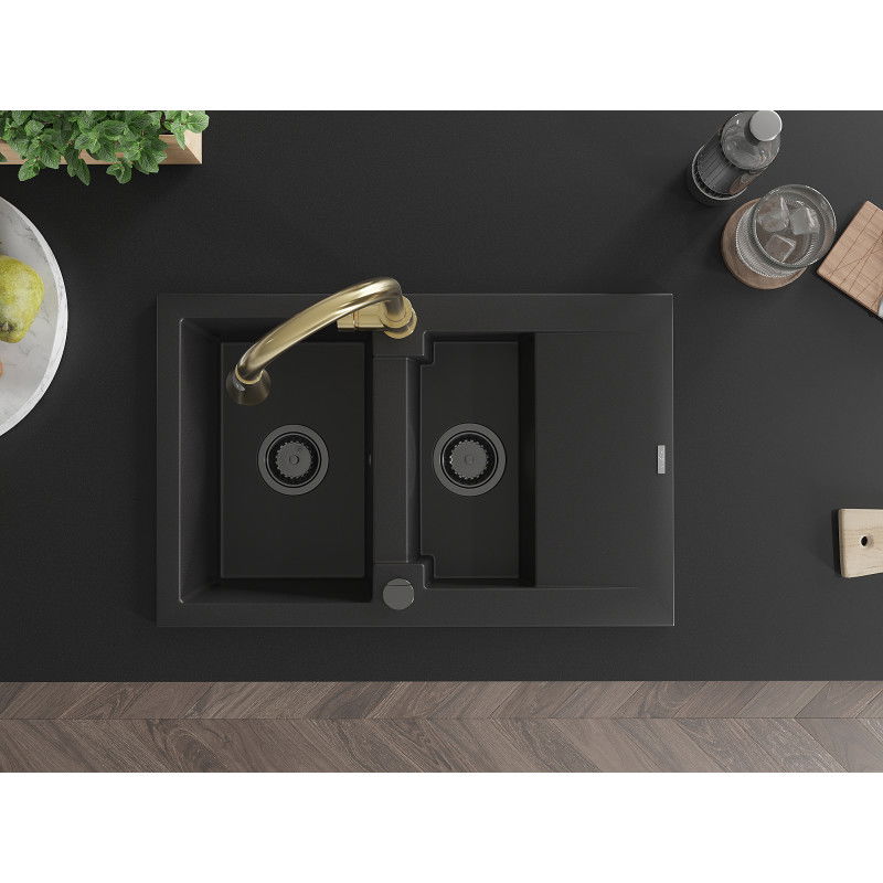 Mexen Gaspar kuchyňský dřez z granitu 1,5-komorový s odkapávačem a kuchyňskou baterií Elia, černý - 6507-77-670101-50-B