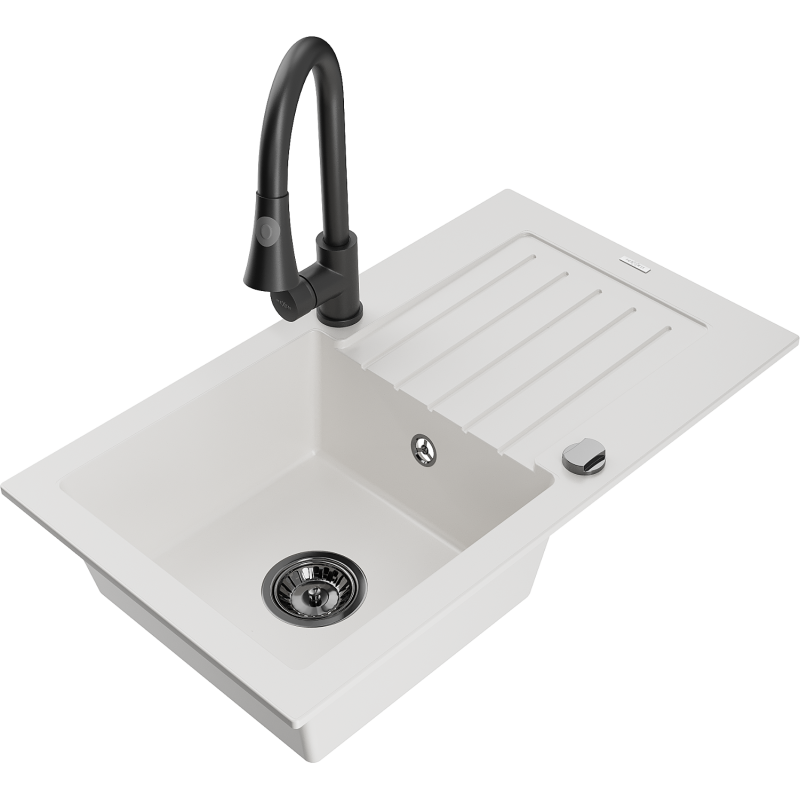 Mexen Pablo granitový dřez s 1 komorou a odkapávačem a kuchyňskou baterií Elia, bílý - 6510-20-670101-70