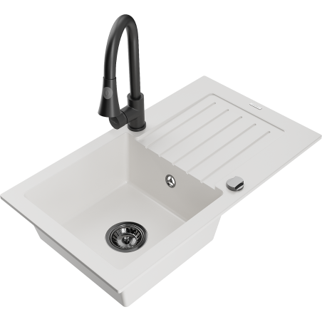 Mexen Pablo granitový dřez s 1 komorou a odkapávačem a kuchyňskou baterií Elia, bílý - 6510-20-670101-70