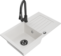 Mexen Pablo granitový dřez s 1 komorou a odkapávačem a kuchyňskou baterií Elia, bílý - 6510-20-670101-70