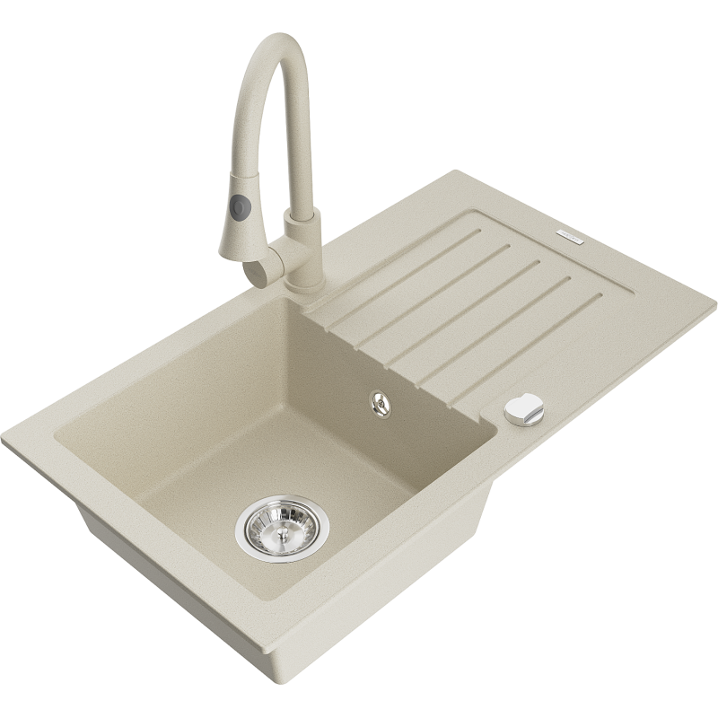 Mexen Pablo žulový dřez s 1 komorou, odkapávačem a kuchyňskou baterií Elia, béžový - 6510-69-670101-69