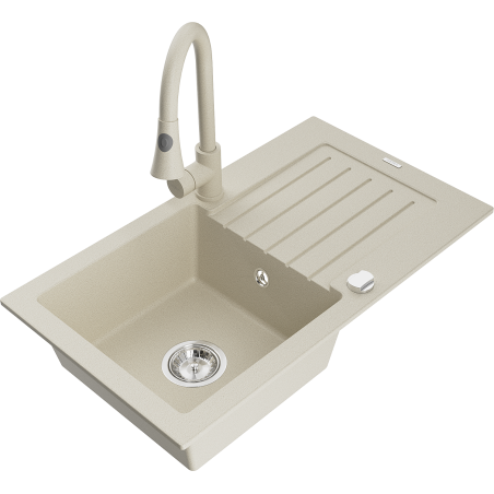 Mexen Pablo žulový dřez s 1 komorou, odkapávačem a kuchyňskou baterií Elia, béžový - 6510-69-670101-69