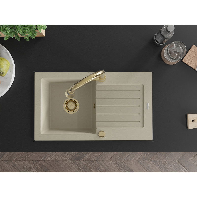 Mexen Pablo granitový dřez jednokomorový s odkapávačem a kuchyňskou baterií Elia, béžový - 6510-69-670101-50