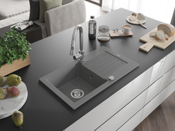 Mexen Pablo granitový dřez 1-komorový s odkapávačem a kuchyňskou baterií Elia, šedý - 6510-71-670101-00