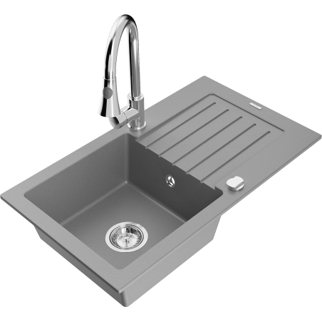 Mexen Pablo granitový dřez 1-komorový s odkapávačem a kuchyňskou baterií Elia, šedý - 6510-71-670101-00