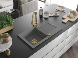 Mexen Pablo granitový dřez 1-komorový s odkapávačem a kuchyňskou baterií Elia, šedý - 6510-71-670101-50