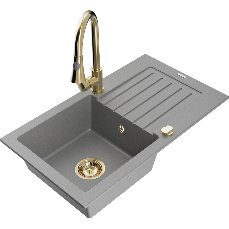 Mexen Pablo granitový dřez 1-komorový s odkapávačem a kuchyňskou baterií Elia, šedý - 6510-71-670101-50