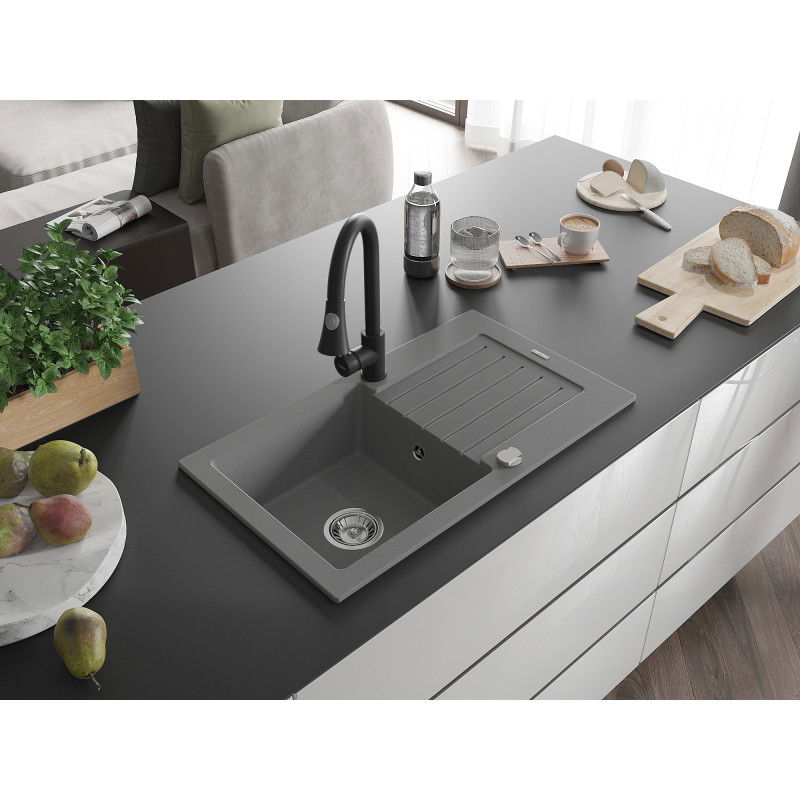 Mexen Pablo granitový dřez 1-komorový s odkapávačem a kuchyňská baterie Elia, šedý - 6510-71-670101-70
