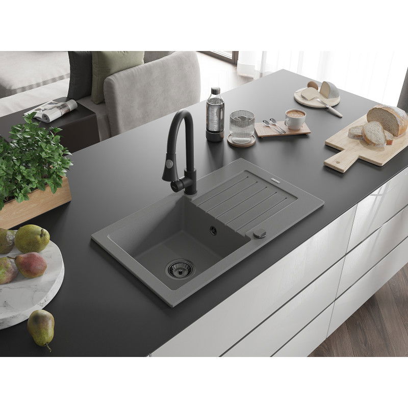 Mexen Pablo granitový dřez 1-komorový s odkapávačem a kuchyňskou baterií Elia, šedý - 6510-71-670101-70-B