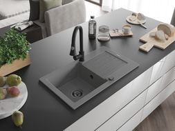 Mexen Pablo granitový dřez 1-komorový s odkapávačem a kuchyňskou baterií Elia, šedý - 6510-71-670101-70-B