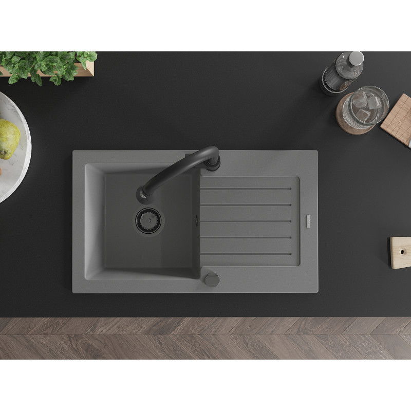 Mexen Pablo granitový dřez 1-komorový s odkapávačem a kuchyňskou baterií Elia, šedý - 6510-71-670101-70-B