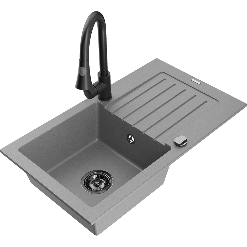 Mexen Pablo granitový dřez 1-komorový s odkapávačem a kuchyňskou baterií Elia, šedý - 6510-71-670101-70-B