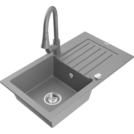 Mexen Pablo granitový dřez s 1 komorou, odkapávačem a kuchyňskou baterií Elia, šedý - 6510-71-670101-71